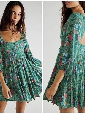 Free People Endless Summer Picnic Print Smocked Mini Dress Green Floral Small